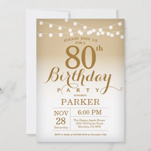 80th Birthday Invitation Gold String Lights