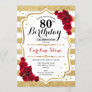 80th Birthday Invitation Gold White Stripes Roses
