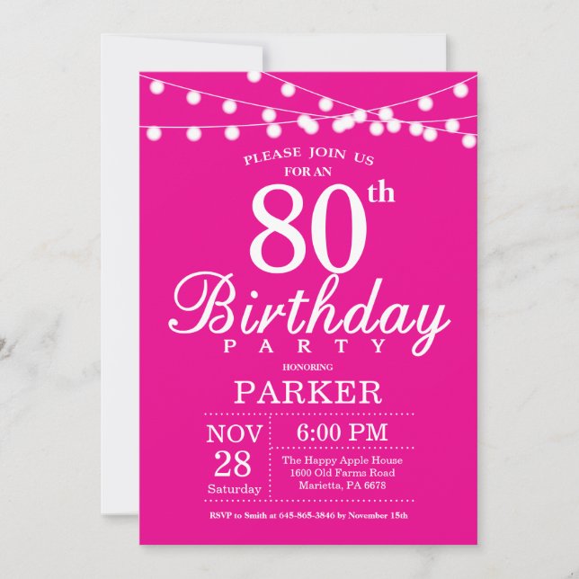 80th Birthday Invitation Hot Pink (Front)