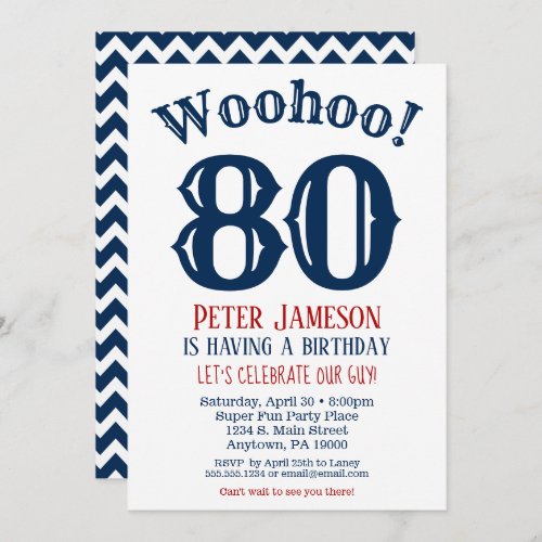 80th Birthday Invitation Mens Navy Blue