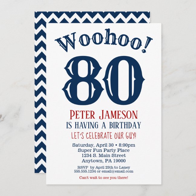 80th Men's Birthday Invitation - Blue Chevron