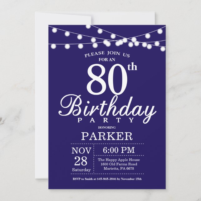80th Birthday Invitation Navy Blue (Front)