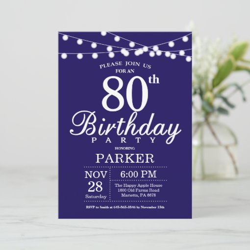 80th Birthday Invitation Navy Blue | Zazzle