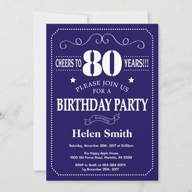80th Birthday Invitation Navy Blue and White (Front)