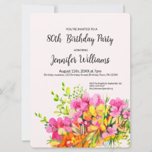 80th  Birthday invitation pink and orange flowers
