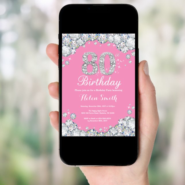 80th Birthday Invitation Pink and Silver Diamond (Front Digital)