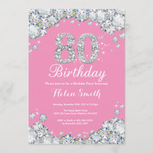 80th Birthday Invitation Pink and Silver Diamond