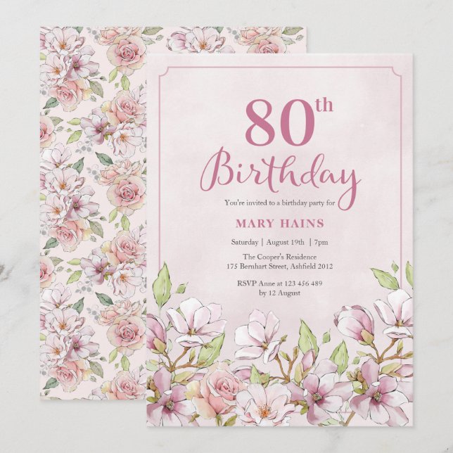 80th Birthday Invitation Pink Floral (Front/Back)