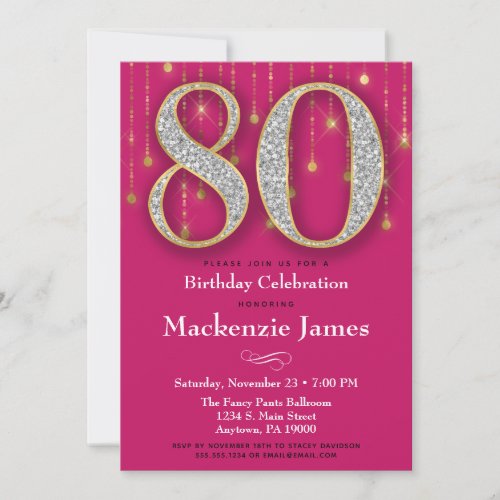 80th Birthday Invitation Pink Gold Diamonds Adult