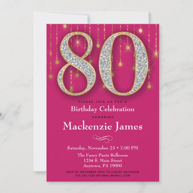 80th Birthday Invitation Pink Gold Diamonds Adult (Front)