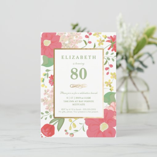 80th Birthday Invitation Pretty Floral Eightieth Zazzle