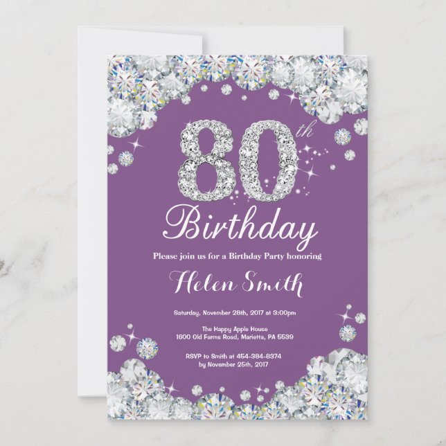 80th Birthday Invitation Purple and Silver Diamond (Front)