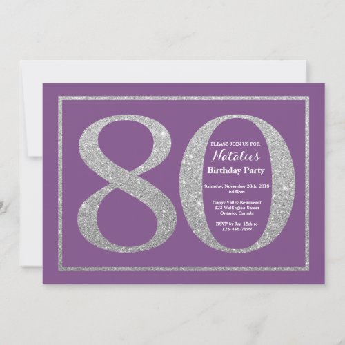 80th Birthday Invitation Purple and Silver Glitter