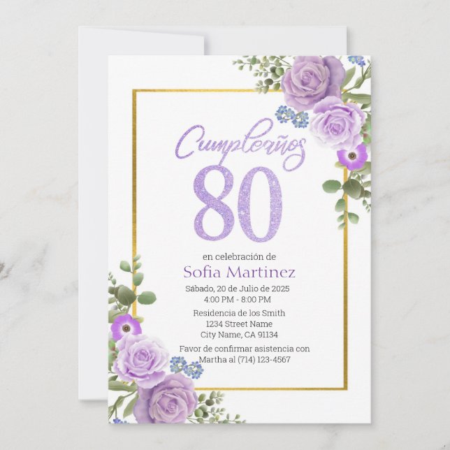 80th Birthday Invitation - Purple Flower Theme  (Front)