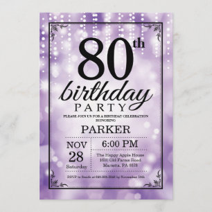 80th Birthday Invitation Purple Glitter