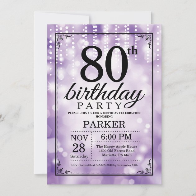 80Th Purple & White Bling Sparkle Birthday Party Personalised Invitations 