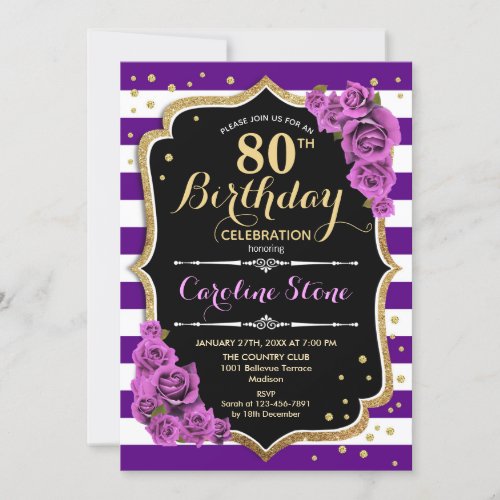 80th Birthday Invitation Purple Gold With Roses