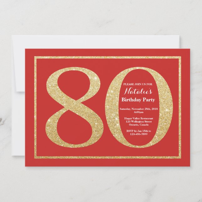 80th Birthday Invitation Red and Gold Glitter (Front)