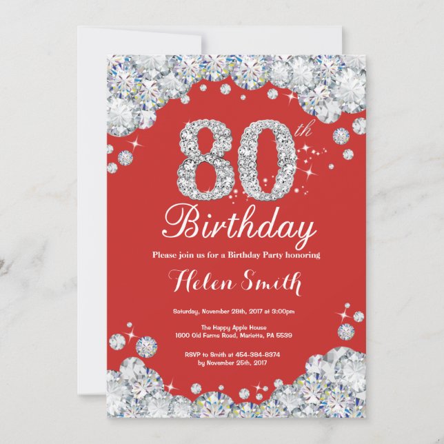 80th Birthday Invitation Red and Silver Diamond (Front)