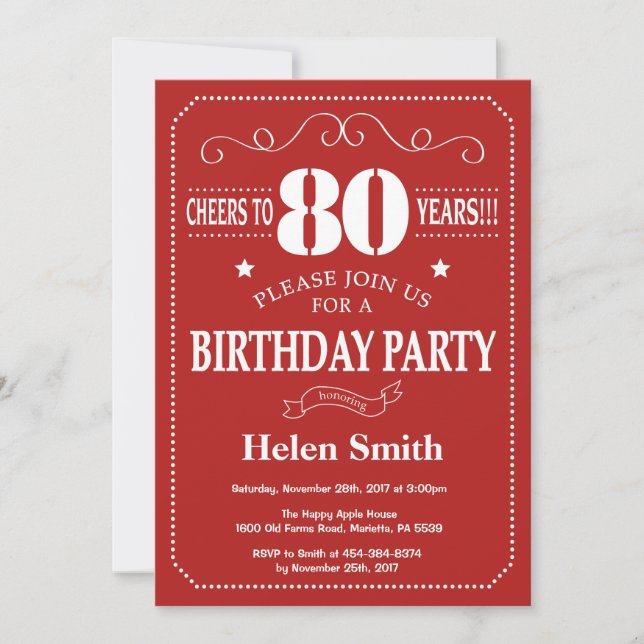 80th Birthday Invitation Red and White (Front)