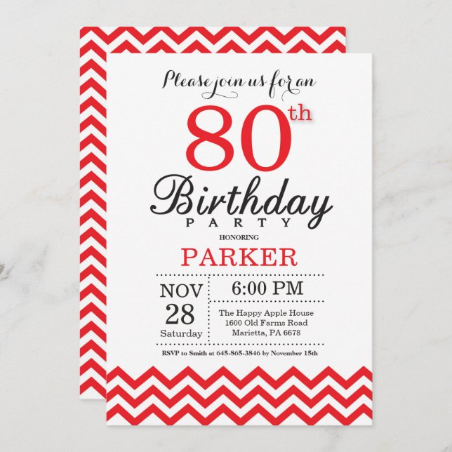 80th Birthday Invitation Red Chevron (Front/Back)