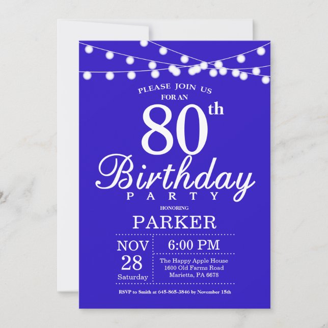 80th Birthday Invitation Royal Blue (Front)