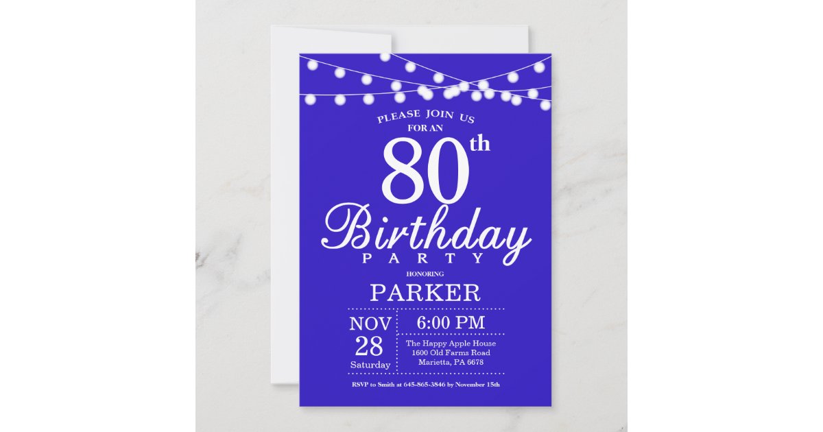 80th Birthday Invitation Royal Blue | Zazzle