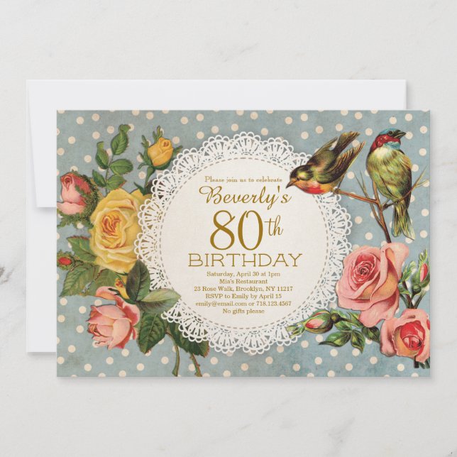 80th Birthday Invitation Rustic Floral Birds Blue (Front)