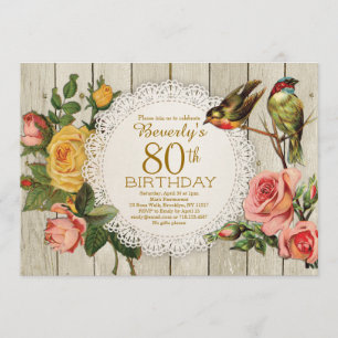 80th Birthday Invitation Rustic Roses Floral Birds