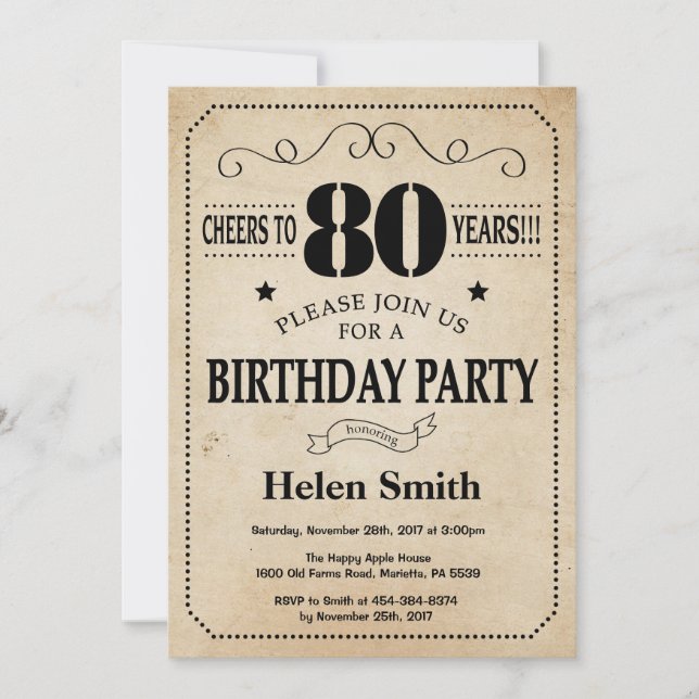 80th Birthday Invitation Rustic Vintage Retro (Front)