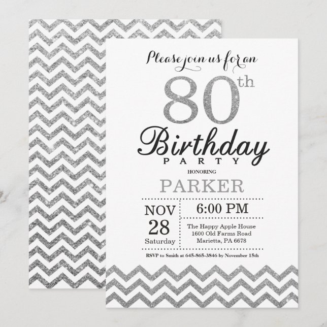 80th Birthday Invitation Silver Glitter (Front/Back)
