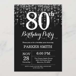 80th Birthday Invitation Silver Glitter