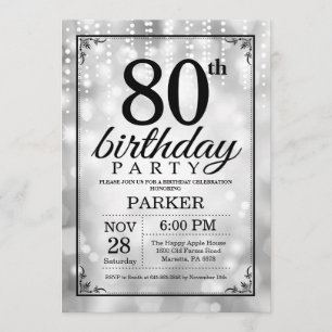 80th Birthday Invitation Silver Glitter