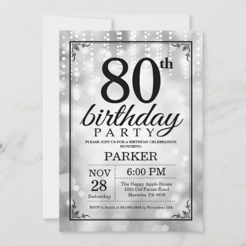 80th Birthday Invitation Silver Glitter