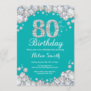 80th Birthday Invitation Teal and Silver Diamond