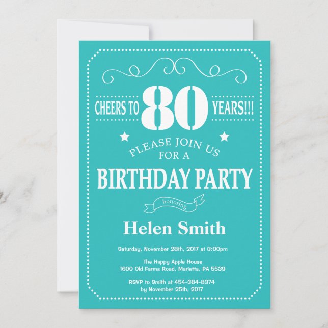 80th Birthday Invitation Teal and White (Front)