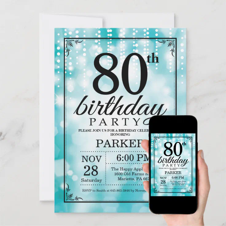 80th Birthday Invitation Teal Glitter Zazzle