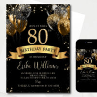 80th Birthday Invitation Template: Black Gold Ball