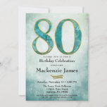 80th Birthday Invitation Turquoise Blue Gold Adult<br><div class="desc">An elegant 80th birthday party invitation in turquoise blue and gold,  featuring a large 80 with painterly abstract blue aqua with gold trim over an abstract ombre blue background. Suitable for men's or women's birthday parties.</div>