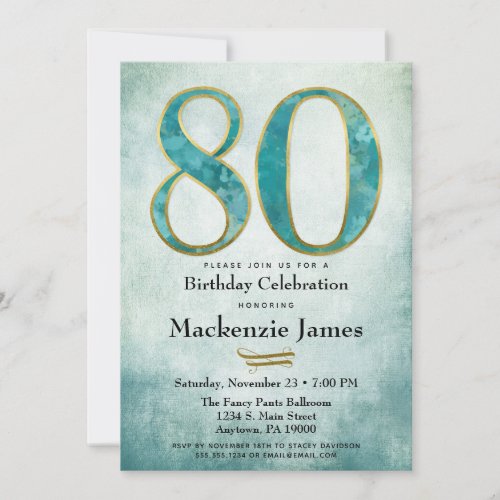 80th Birthday Invitation Turquoise Blue Gold Adult