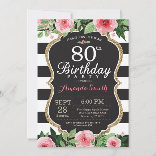 80th Birthday Invitation Women Floral Gold Black