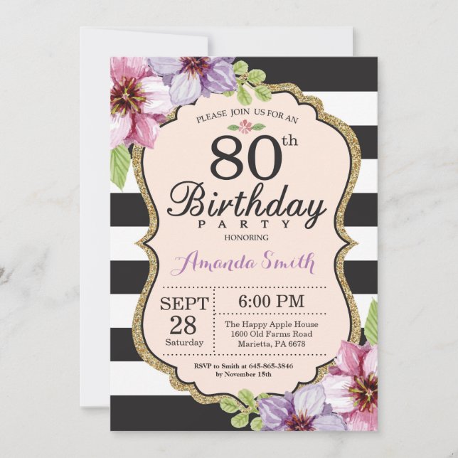 80th Birthday Invitation Women. Floral Gold Black (Front)