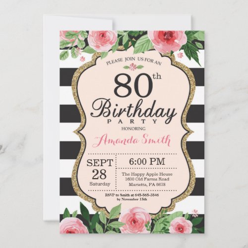 80th Birthday Invitation Women Floral Gold Black