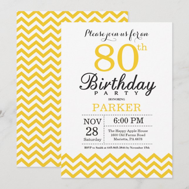 80th Birthday Invitation Yellow Chevron (Front/Back)