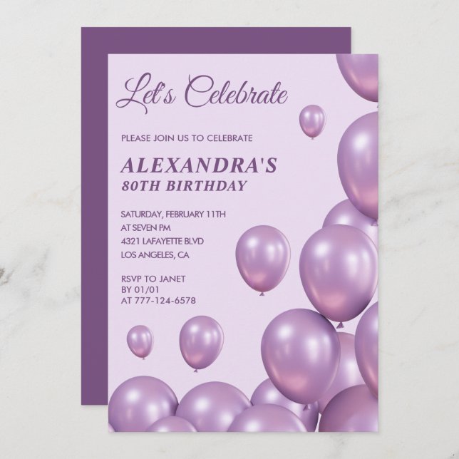 80th birthday invitations Balloons Chic Purple (Front/Back)