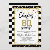 80th birthday invitations, black and gold cheers invitation (Front/Back)