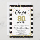 80th birthday invitations, black and gold cheers