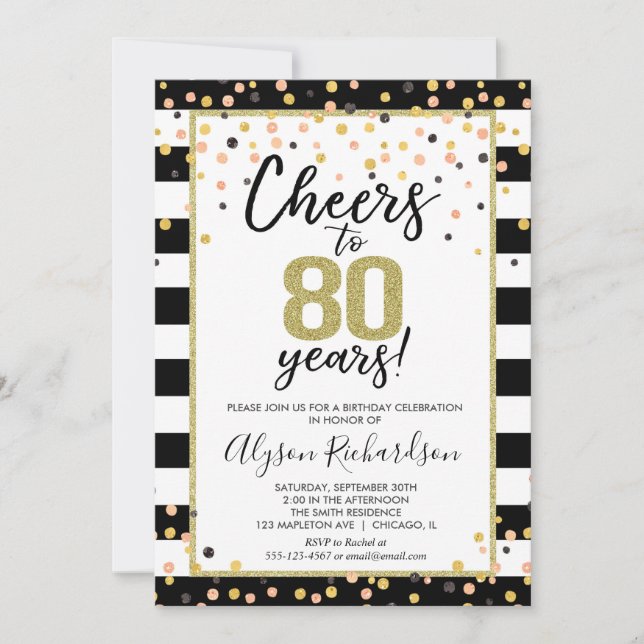 80th birthday invitations, black and gold cheers invitation (Front)