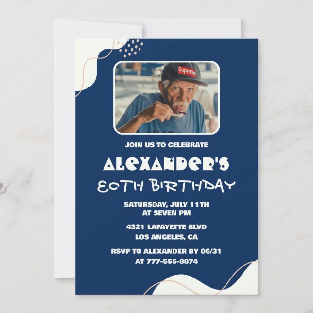 80th birthday invitations Men Photo Simple Navy  (Front)