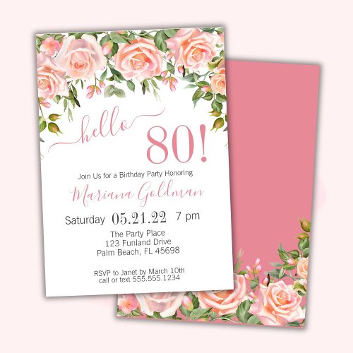 80th Birthday Invitations Pink Floral Modern Party